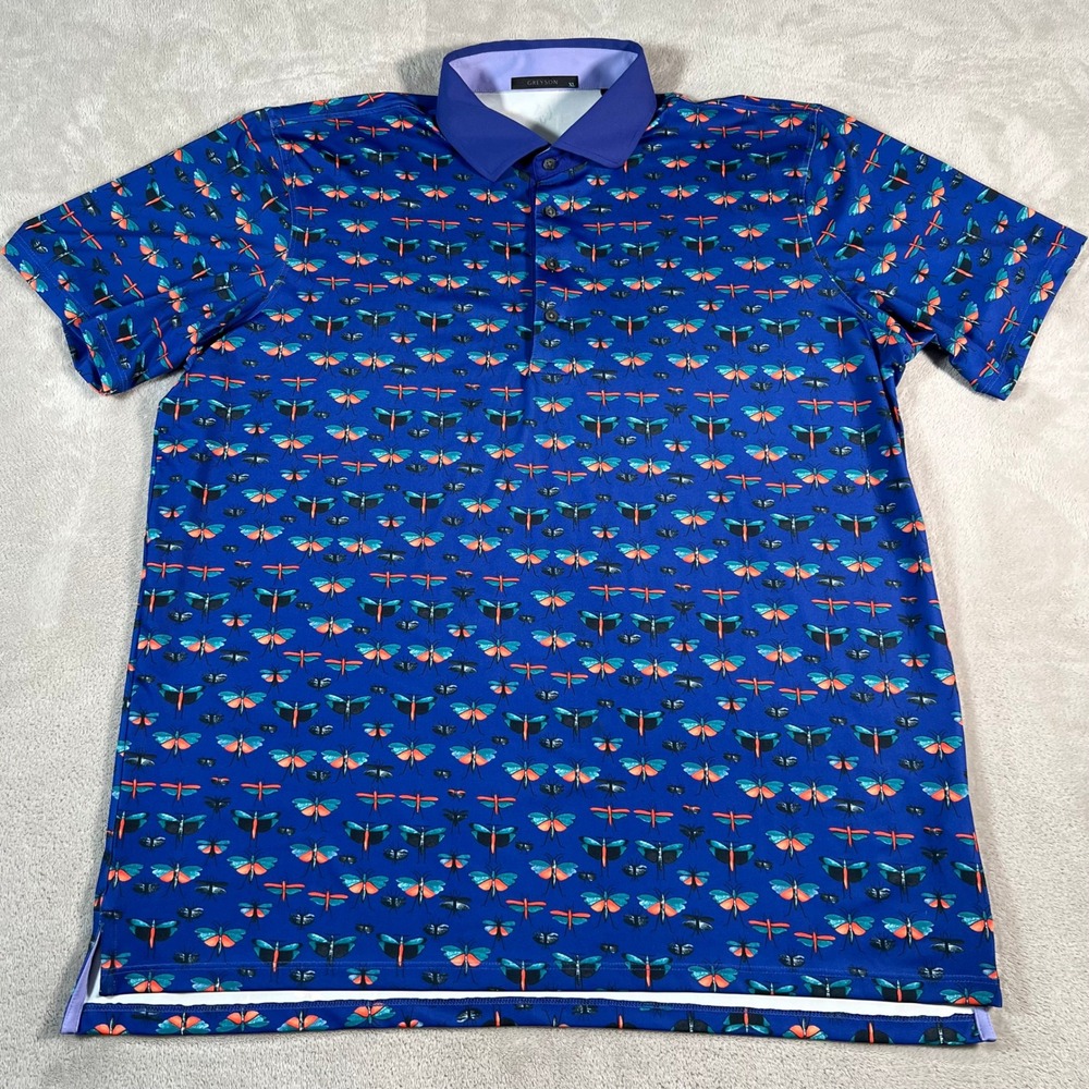 Greyson Polo Shirt Men's XL Blue Dragonfly Moth Print Golf Short Sleeve Stretch